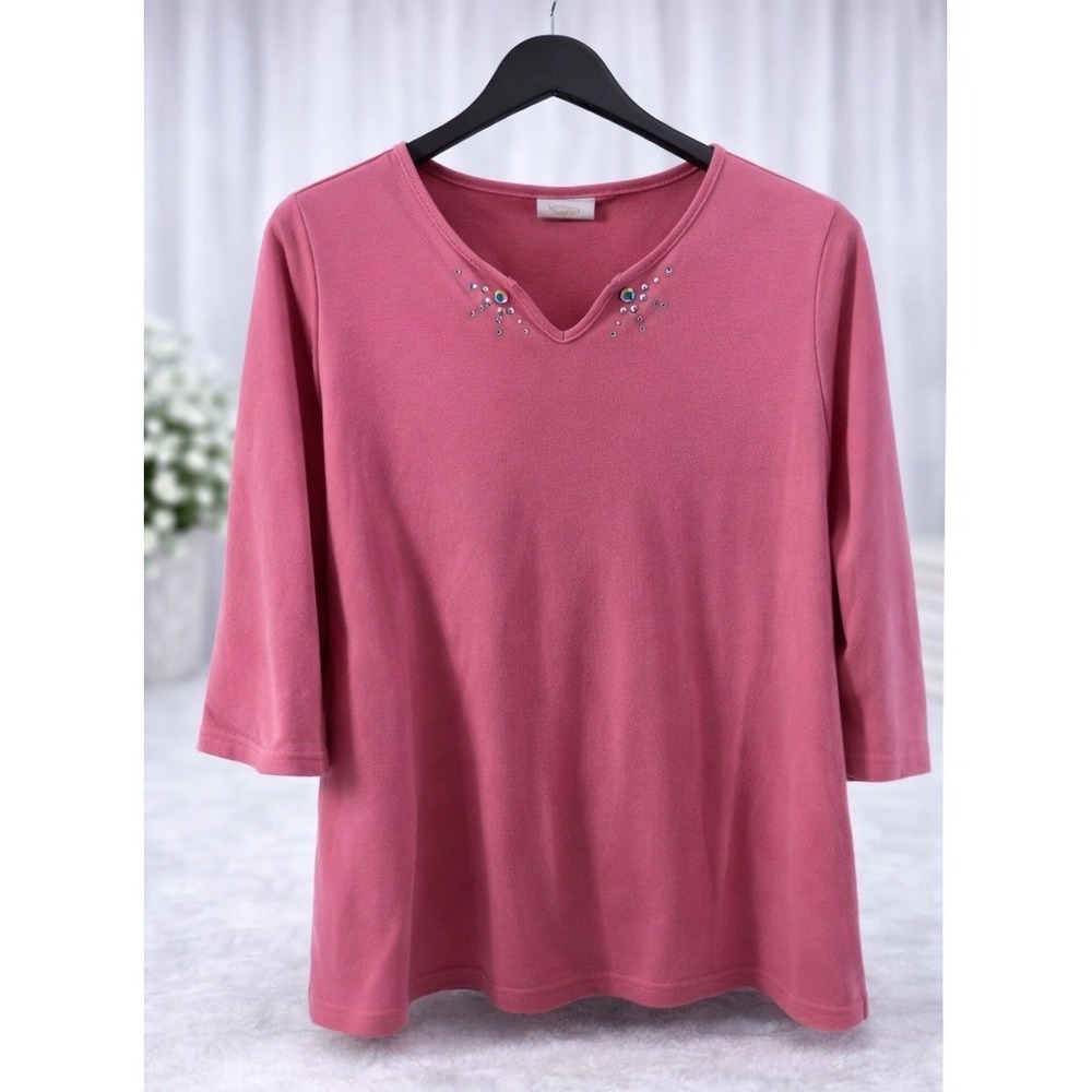 Quacker Factory Jeweled Knit Popover Top‎ Tee T-Shirt Pink Split V Neck Size 3X